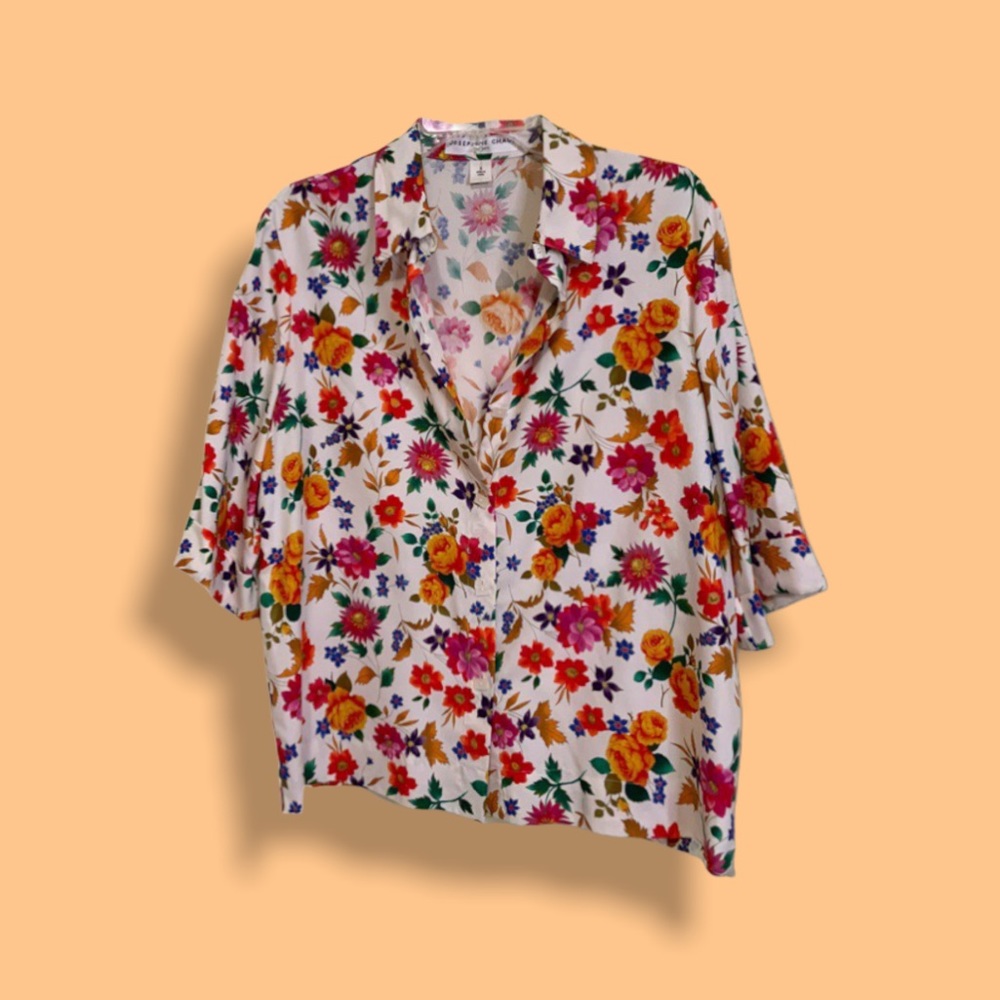 Vintage pure silk floral half sleeve button up